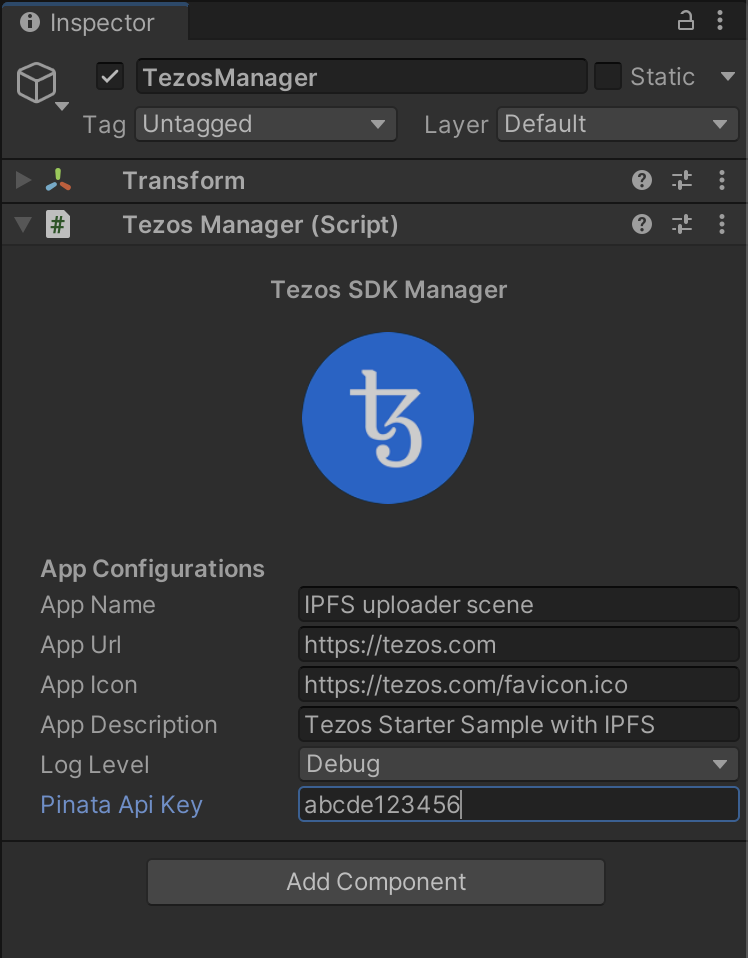 Adding the Pinata API key to the TezosManager object